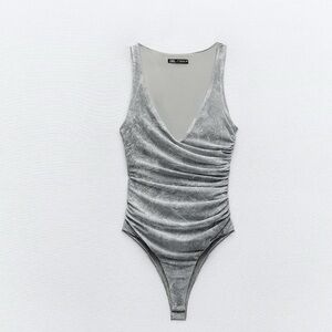 Zara Silver Mesh Ruched Bodysuit